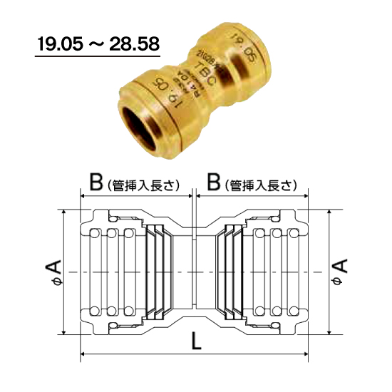 冷媒銅管用ワンタッチ継手「エフ１」の仕様：19.05～28.58