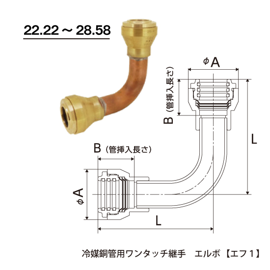 冷媒銅管用ワンタッチ継手「エフ１」エルボ：22.22～28.58