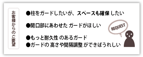 ・ 開口部にあわせたガードがほしい
・ もっと耐久性のあるガード
・ガードの高さや間隔調整がしたい
・柱をガードしたいが、スペースも確保したい