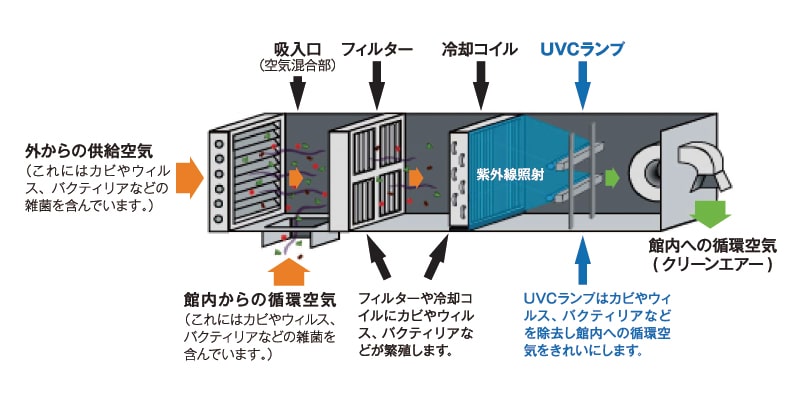 吸入口（空気混合部）：外・館内からの供給空気（これにはカビやウィルス、バクティリアなどの雑菌を含んでいます。） フィルター：フィルターや冷却コイルにカビやウィルス、バクティリアなどが繁殖します。　UVCランプ：UVCランプはカビやウィルス、バクティリアなどを除去し館内への循環空気をきれいにします。 館内への循環空気（クリーンエアー）